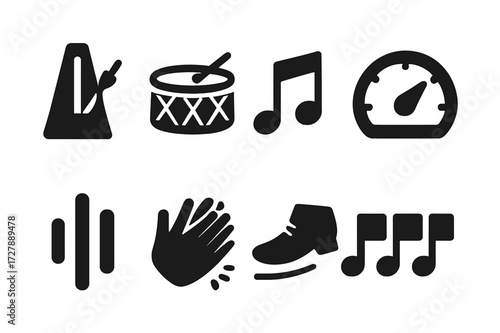 Rhythm Icon Grid. Solid, filled icon set of rhythm concepts: metronome, drumbeat, music notes, tempo gauge, sound waves, hand clapping, foot tapping, rhythm