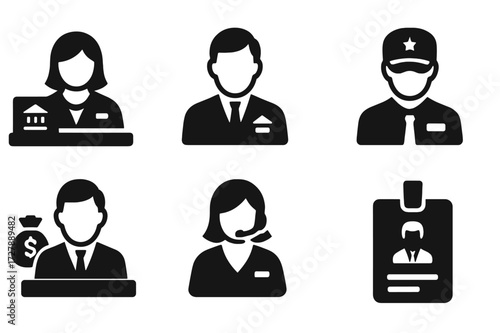 Bank Staff Icons. Solid, filled icon set of bank staff: bank teller, branch manager, loan officer, security guard, customer service agent, financial advisor,