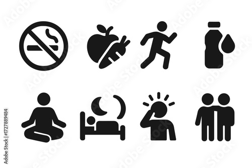 Wellness Habits Icons. Solid, filled icon set of wellness positive habits: no smoking, balanced diet, regular exercise, hydration, meditation, good sleep,