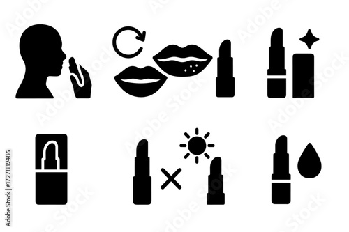 Pocket Balm Icons. Solid, filled icon set of pocket balm care routine: daily application, reapplying, exfoliating lips, keeping balm clean, storing properly,