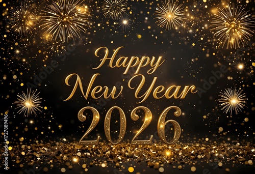 Elegant Golden Happy New Year 2026 with Fireworks and Champagne