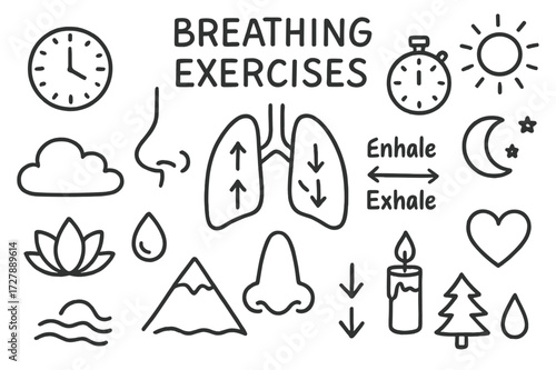 Breathing Exercise Icons. Hand-drawn doodle illustration Breathing exercises [lungs, inhale arrows, exhale arrows, stopwatch, clock, nose, lotus flower, cloud,