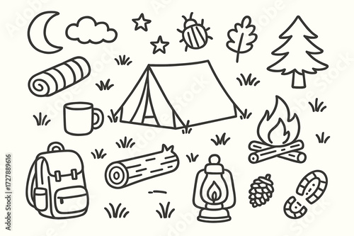 Camping Essentials Doodle. Hand-drawn doodle illustration [Camping in a meadow] [tent, campfire, mug, tree, grass, backpack, log, sleeping bag, stars, moon,