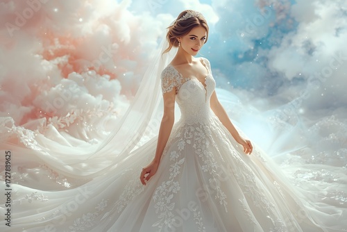 Beauty model bride in wedding dress with long train. Beautiful fiancee in elegant white wedding dress.
