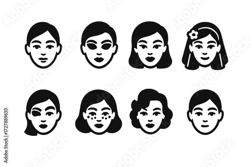Makeup Icon Grid. Solid, filled icon set of makeup styles: natural makeup, smoky eye, glam makeup, bridal makeup, editorial makeup, festival makeup, retro
