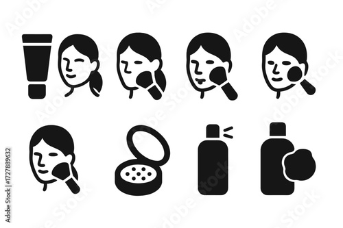 Facial Makeup Steps Icons. Solid, filled icon set of facial makeup steps: primer, foundation, contour, blush, highlight, setting powder, setting spray, makeup