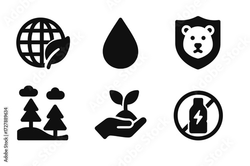 Eco-Friendly Icon Set. Solid, filled icon set of eco-friendly conservation: globe with leaf, water droplet, protected animal, nature reserve, tree planting,