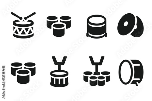 Drumline Instruments Icons. Solid, filled icon set of drumline instruments: snare drum, tenor drums, bass drums, cymbals, quad drums, marching snare, marching
