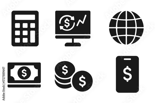 Exchange Rate Icon Set. Solid, filled icon set of exchange rate tools: calculator, forex chart, magnifying glass, globe, banknotes, coins, laptop, mobile app.