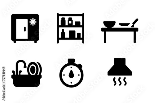 Kitchen Icons Grid. Solid, filled icon set of restaurant kitchen: walk-in fridge, pantry shelves, prep table, cutting station, dishwashing area, kitchen timer,