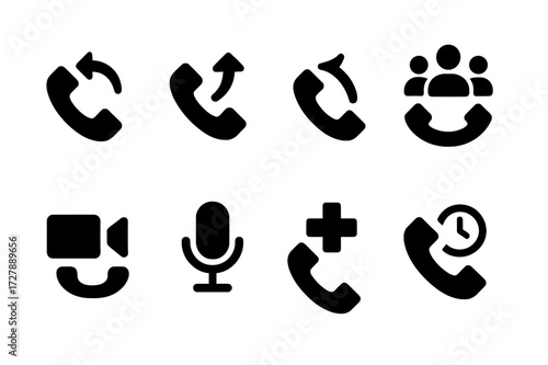 Call Icons Grid. Solid, filled icon set of call types: incoming call, outgoing call, missed call, conference call, video call, voice call, emergency call,