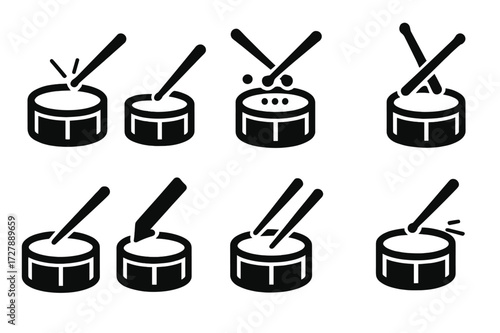 Tom-Tom Technique Icons. Solid, filled icon set of tom-tom playing techniques: rim shot, rebound stroke, roll, flam, ghost note, accented hit, cross stick,