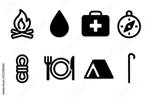 Survival Icon Set. Solid, filled icon set of survival desperation: campfire, water droplet, first aid kit, compass, rope, empty plate, shelter tent, walking