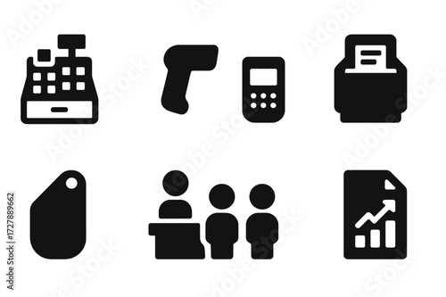 Point of Sale Icons. Solid, filled icon set of point of sale transactions: cash register, barcode scanner, receipt printer, card reader, price tag, checkout