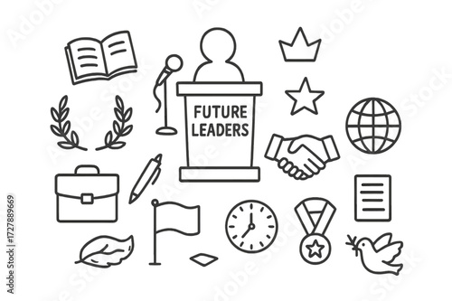 Future Leadership Icons. Hand-drawn doodle illustration future leaders podium, microphone, book, pen, briefcase, laurel wreath, star, crown, handshake, globe,
