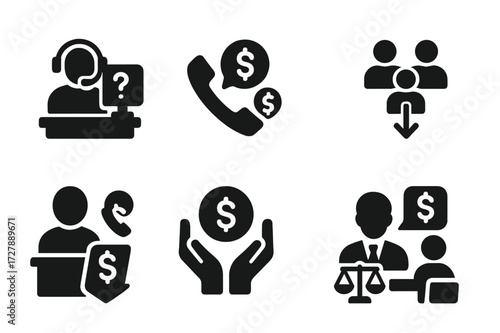 Financial Support Icons. Solid, filled icon set of financial trouble support: help desk, hotline, counseling, community aid, loan officer, charity, legal aid,