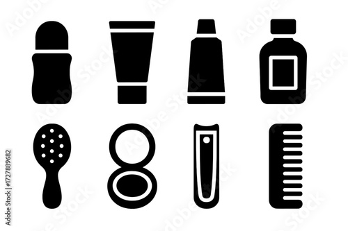 Travel Size Essentials. Solid, filled icon set of travel size personal care: mini deodorant, small hand cream, travel toothpaste, tiny mouthwash,