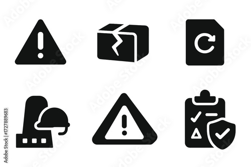 Product Safety Icons. Solid, filled icon set of product liability: warning label, defective product, recall notice, safety helmet, insurance claim, caution