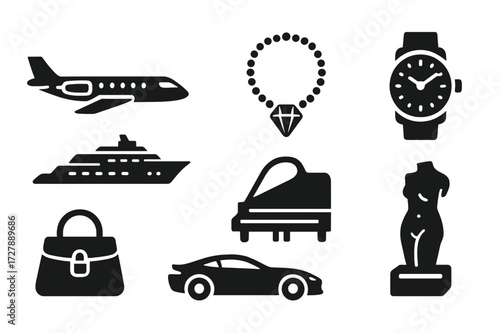 Luxury Goods Icons. Solid, filled icon set of billionaire luxury goods: private jet, yacht, diamond necklace, luxury watch, designer handbag, sports car, grand