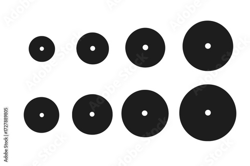 Cymbals Icon Set. Solid, filled icon set of cymbals sizes: -inch, -inch, -inch, -inch, -inch, -inch, -inch, -inch. Solid, filled icons in only black color. All