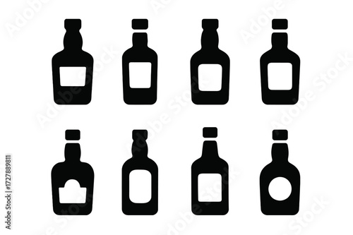 Whiskey Bottle Icons. Solid, filled icon set of whiskey bottles: bourbon, scotch, rye, single malt, blended, Irish whiskey, Canadian whiskey, Japanese whiskey.
