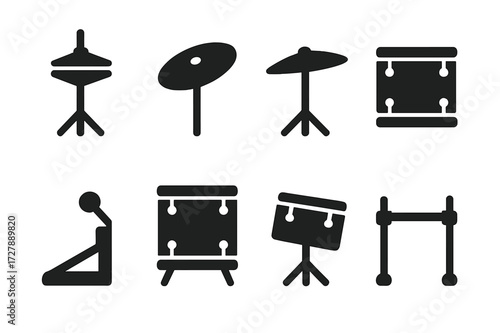Drum Kit Icon Set. Solid, filled icon set of drum kit components: hi-hat cymbals, crash cymbal, ride cymbal, snare drum, bass drum pedal, floor tom, mounted