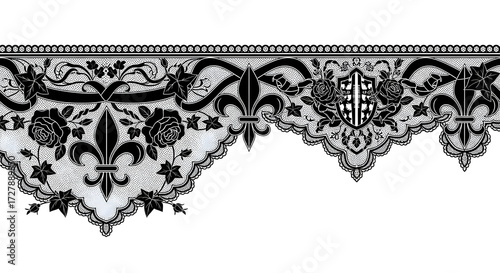 Elegant black lace border with roses and fleur de lis, perfect for vintage designs