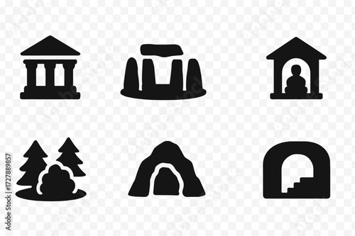 Ritual Icons Set. Solid, filled icon set of ritual locations: temple, sacred circle, altar table, shrine, forest glade, cave, mountain top, underground