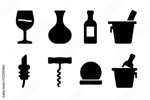 Wine Serving Icons. Solid, filled icon set of wine serving: wine glass, decanter, wine bottle, tray, pourer, corkscrew, coaster, wine bucket. Solid, filled