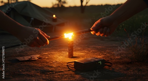 Hands igniting a camp fire with friction sticks, creating warmth in an outdoor camping setting at dusk