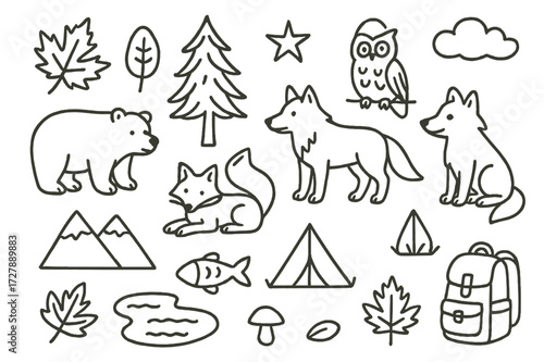 Boreal Forest Icons. Hand-drawn doodle illustration boreal forest pine tree, bear, fox, wolf, owl, leaf, mushroom, mountain, tent, fish, lake, star, sun,