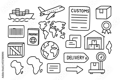 Global Shipping Doodle. Hand-drawn doodle illustration International shipping cargo ship, airplane, customs form, world map, passport, barcode, shipping crate,