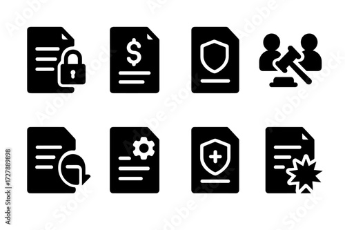Agreement Clause Icons. Solid, filled icon set of agreement clauses: confidentiality, payment terms, liability, dispute resolution, termination, warranty,