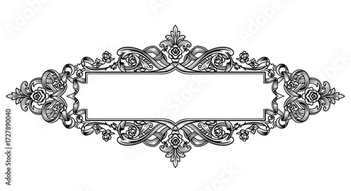 Elegant vintage ornamental frame design with floral elements and swirling ribbons, perfect for invitations.