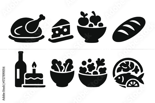 Banquet Food Icons. Solid, filled icon set of banquet food: roasted turkey, cheese platter, fruit bowl, bread loaf, wine bottle, cake, salad bowl, seafood