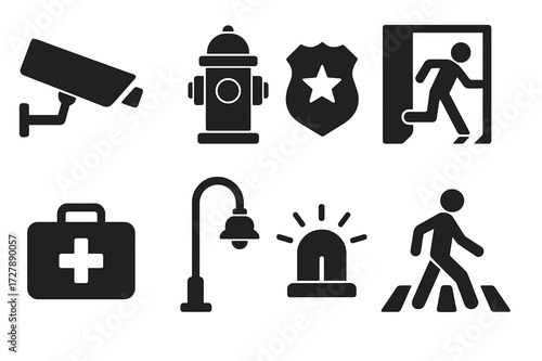 Urban Safety Icons. Solid, filled icon set of urban safety: surveillance camera, fire hydrant, police badge, emergency exit, first aid kit, street light,