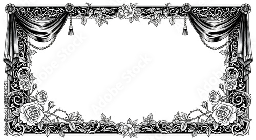 Elegant vintage floral border with roses and drapery, perfect for luxury invitations and formal designs.