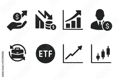 Investment Strategy Icons. Solid, filled icon set of investment strategies: buy and hold icon, short selling, growth stock chart, value investor figure,