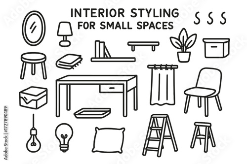 Compact Space Essentials. Hand-drawn doodle illustration [Interior styling for small spaces] [mirror, compact lamp, stool, folded rug, storage box, hooks,