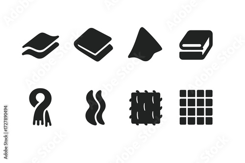 Fabric Icon Grid. Solid, filled icon set of smooth fabrics: satin, velvet, chiffon, jersey, cashmere, silk scarf, wool, linen. Solid, filled icons in only