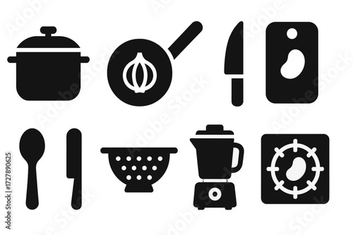 Cooking Utensils Icons. Solid, filled icon set of onion and bean cooking utensils: pot, frying pan, knife, chopping board, spoon, strainer, blender, stove.