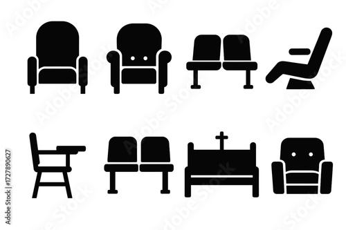Public Seating Icons. Solid, filled icon set of public seating: theater chair, stadium seat, bus bench, airport lounge chair, cinema recliner, classroom desk