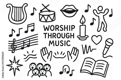 Music Worship Doodle. Hand-drawn doodle illustration worship through music harp, drum, singing mouth, notes, dancing person, musical staff, raised hands, sound