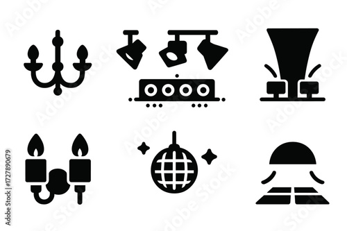 Ballroom Lighting Icons. Solid, filled icon set of ballroom floor lighting: chandelier, spotlights, LED floor lights, uplighting, wall sconces, disco ball,