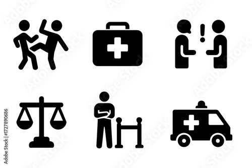 Bouncer Skills Icons. Solid, filled icon set of bouncer training: self-defense, first aid, communication skills, conflict management, legal knowledge, crowd