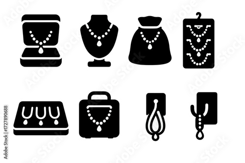 Jewelry Storage Icons. Solid, filled icon set of necklace storage: jewelry box, necklace stand, velvet pouch, jewelry roll, hanging organizer, display tray,