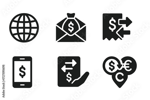 Money Remittance Icons. Solid, filled icon set of money remittance: globe icon, cash envelope, transfer form, agent hand, mobile cash, transfer receipt,