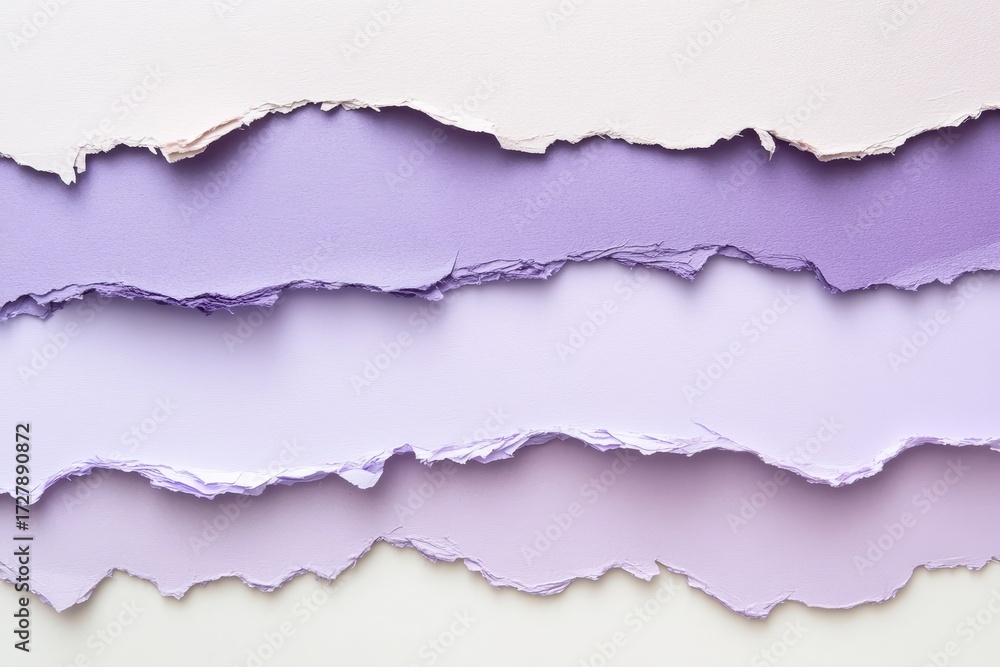 Fototapeta premium A layered composition of torn paper pieces in varying shades of lavender, creating a delicate and textured aesthetic.