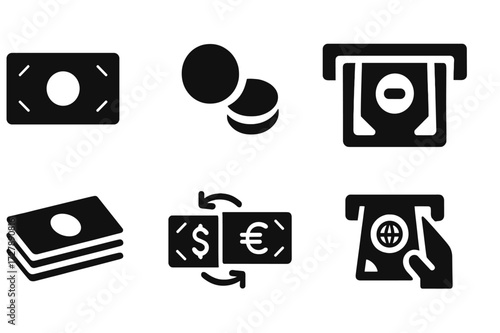ATM Cash Icons. Solid, filled icon set of ATM cash types: banknotes, coins, bundles, cash tray, bills stack, currency exchange, foreign notes, cash refill.