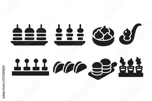 Finger Food Icons. Solid, filled icon set of finger food trays: mini burger plate, skewer platter, dumpling basket, appetizer spoon, canape tray, mini taco